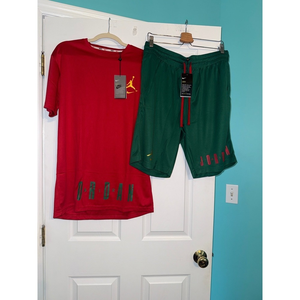 Nike Jordan Mens XL Dry-FIT T-Shirt and Shorts Set Red Green Athletic 2pc NWT